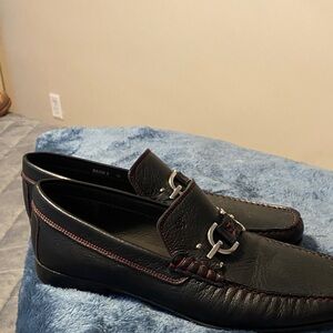 David Donahue Black Leather Loafers with Red Stitching